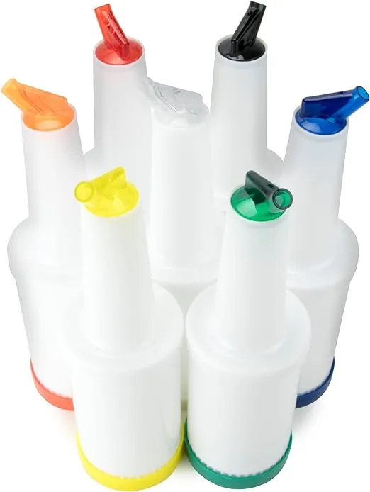 Cocktailor 32 FL OZ. Colorful Juice Pouring Spout Bottle | Plastic Barware for Bars & Event | 7 Count - 1 Bottle per Color