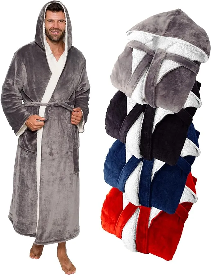 Ross Michaels Mens Robe Hooded Sherpa Big and Tall - Long Plush Spa Bath Robe with Hood and Pockets - Gifts Men