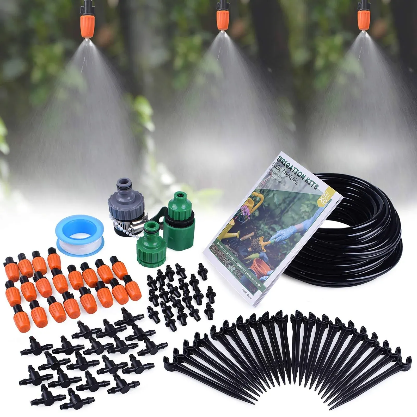 MIXC 1/4-inch Mist Irrigation Kits Accessories Plant Watering System with 50ft 1/4” Blank Distribution Tubing Hose, 20pcs Misters, 39pcs Barbed Fittings, Support Stakes, Quick Adapter, Model: GG0B