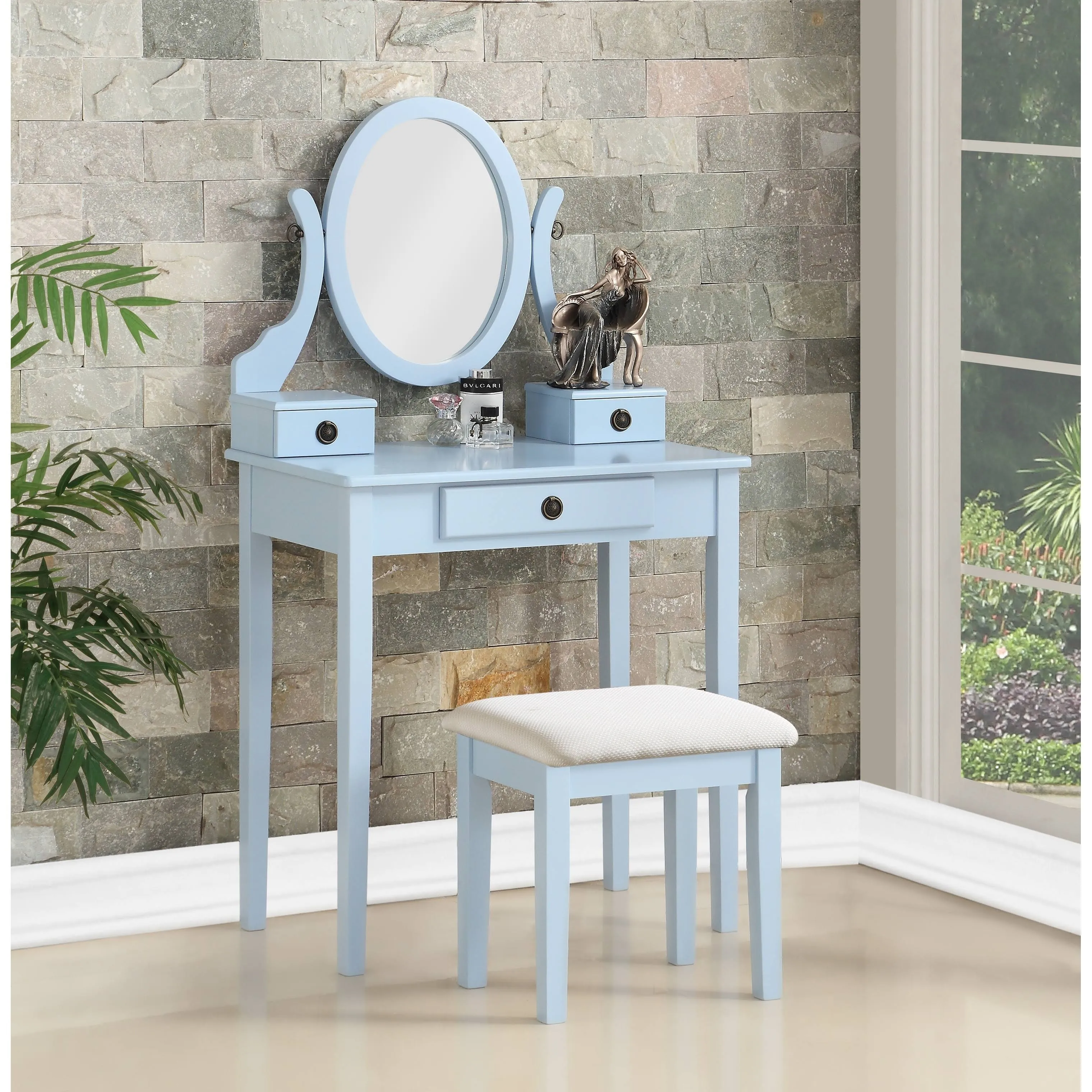 Roundhill Furniture Moniys Wood Moniya Makeup Vanity Table and Stool Set (Blue)