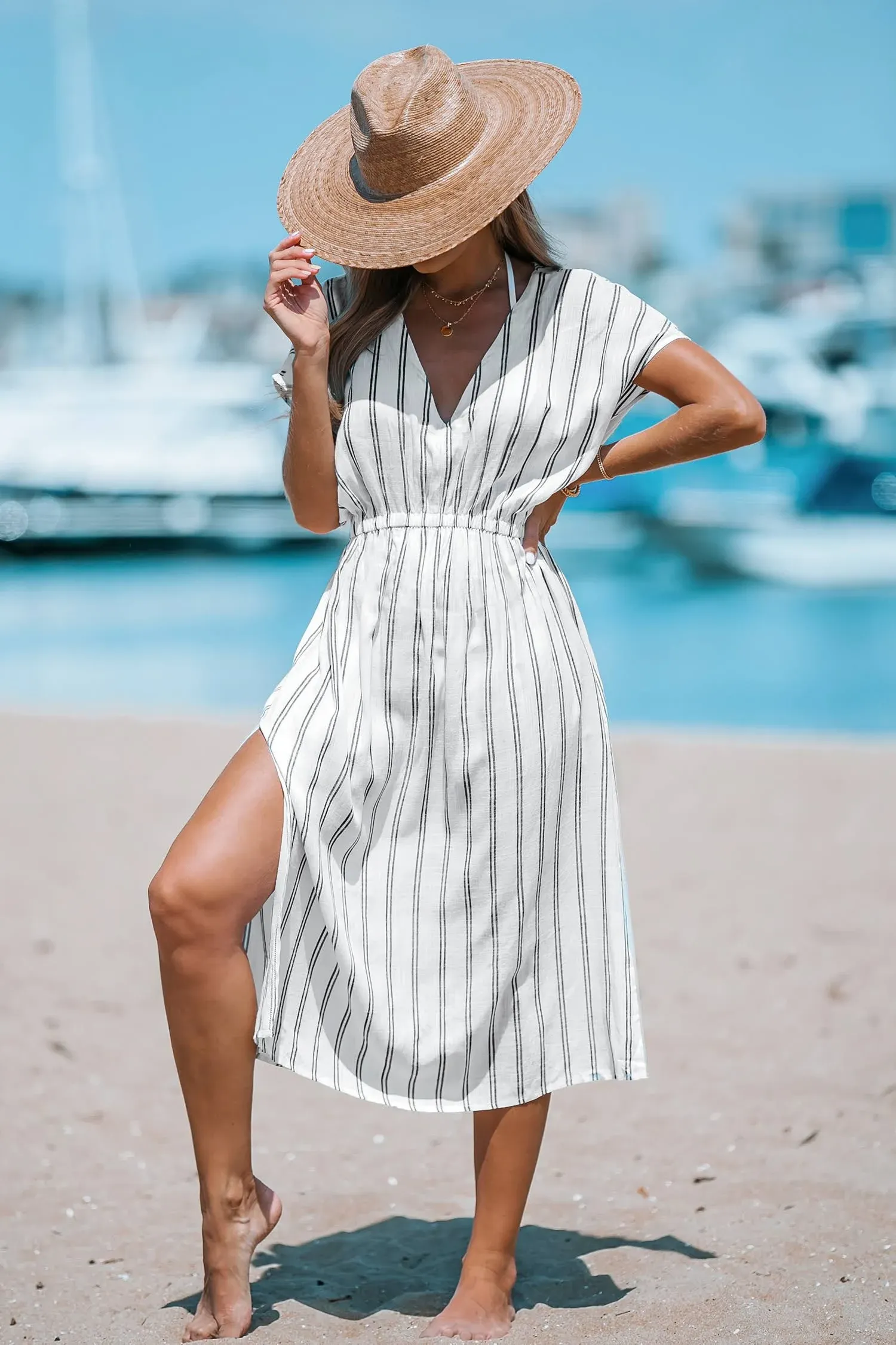 Cupshe Striped Midi Cover-Up Dress - White - L