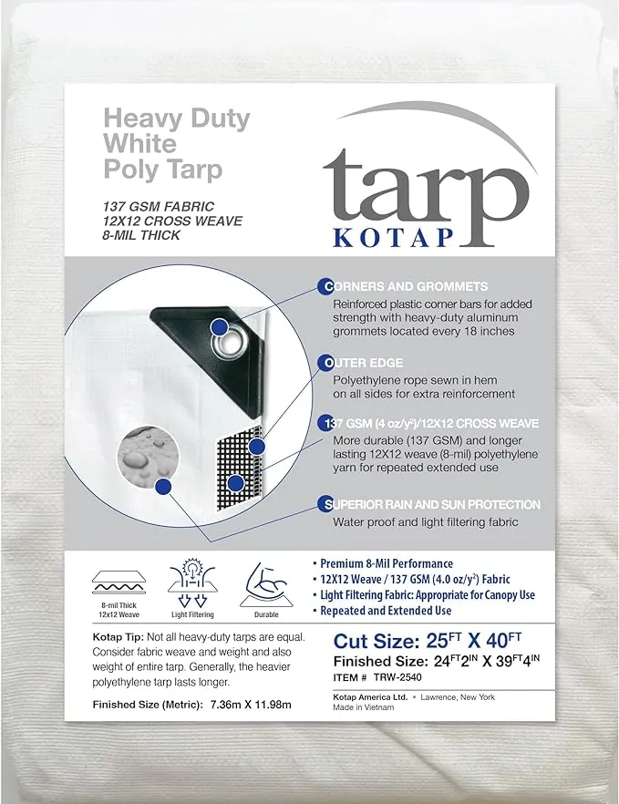 KOTAP Heavy-Duty Protection/Cov<wbr/>erage Tarp, 8-Mil, White, Cut Size 25 Ft. X 40 Ft