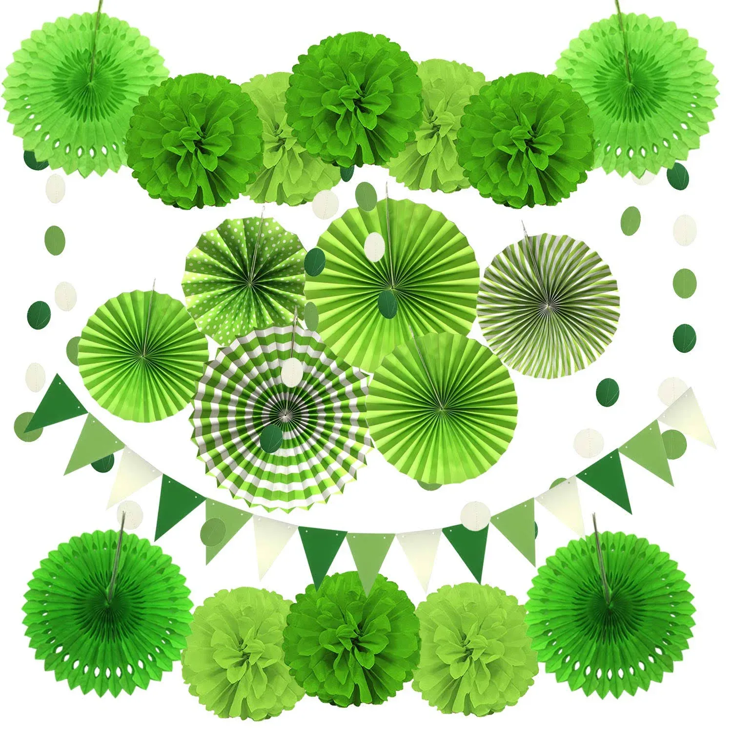 ZERODECO Party Decoration, 21 Pcs Green Hanging Paper Fans, Pom Poms Flowers ...