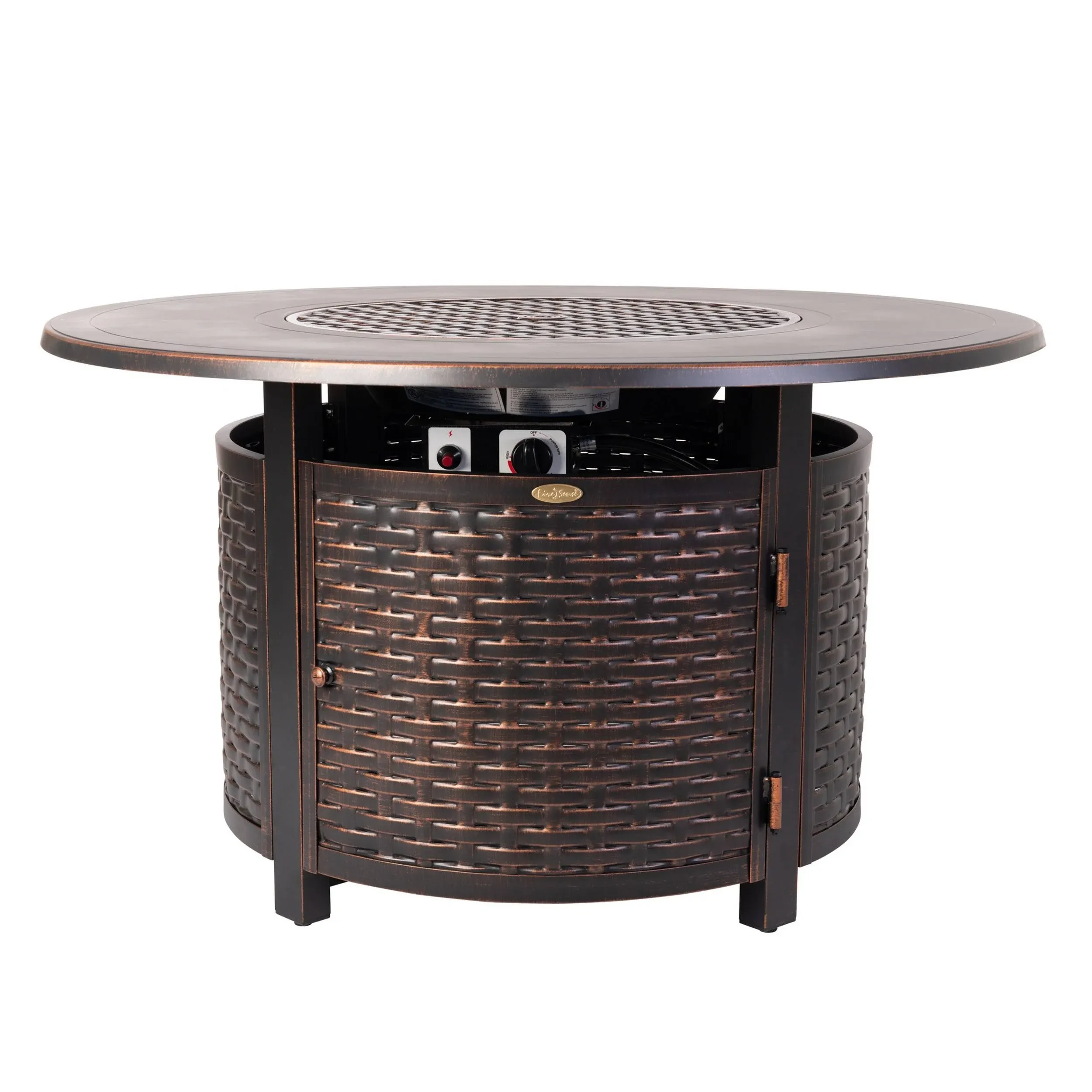 Fire Sense 62373 Florence Woven Aluminum Convertible Gas Fire Pit Table 55,000 BTU Multi-Functional Outdoor with Fire Bowl Lid, Nylon Weather Cover & Clear Fire Glass - Bronze Finish - Round - 44"