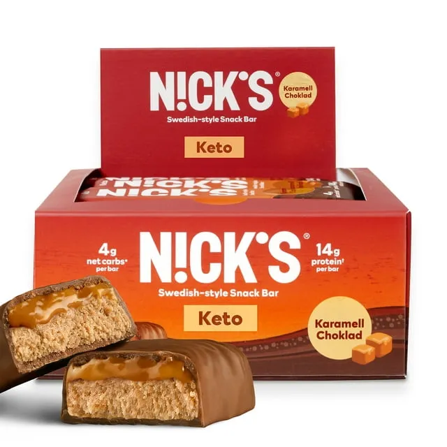 Nick's Swedish-Style Snack Bar, Chocolate Caramel, Keto Protein Bar, 12g Protein, Low Carb, Low Sugar, Meal Replacement Bar, Keto-Friendly Snack,12-Count