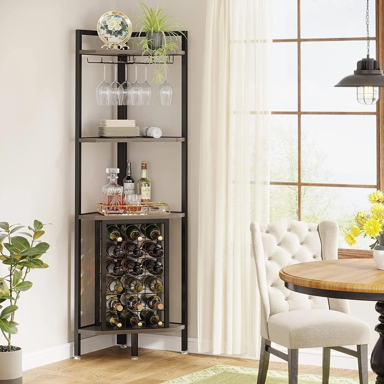 Industrial 4 Tier Corner Wine Rack with Glass Holder