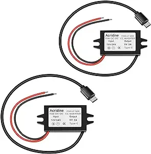 2 件装 DC 12V/24V 至 5V USB C 降压转换器 3A 15W Type-C 输出充电模块防水降压电源适配器兼容 Raspberry Pi 4、移动设备