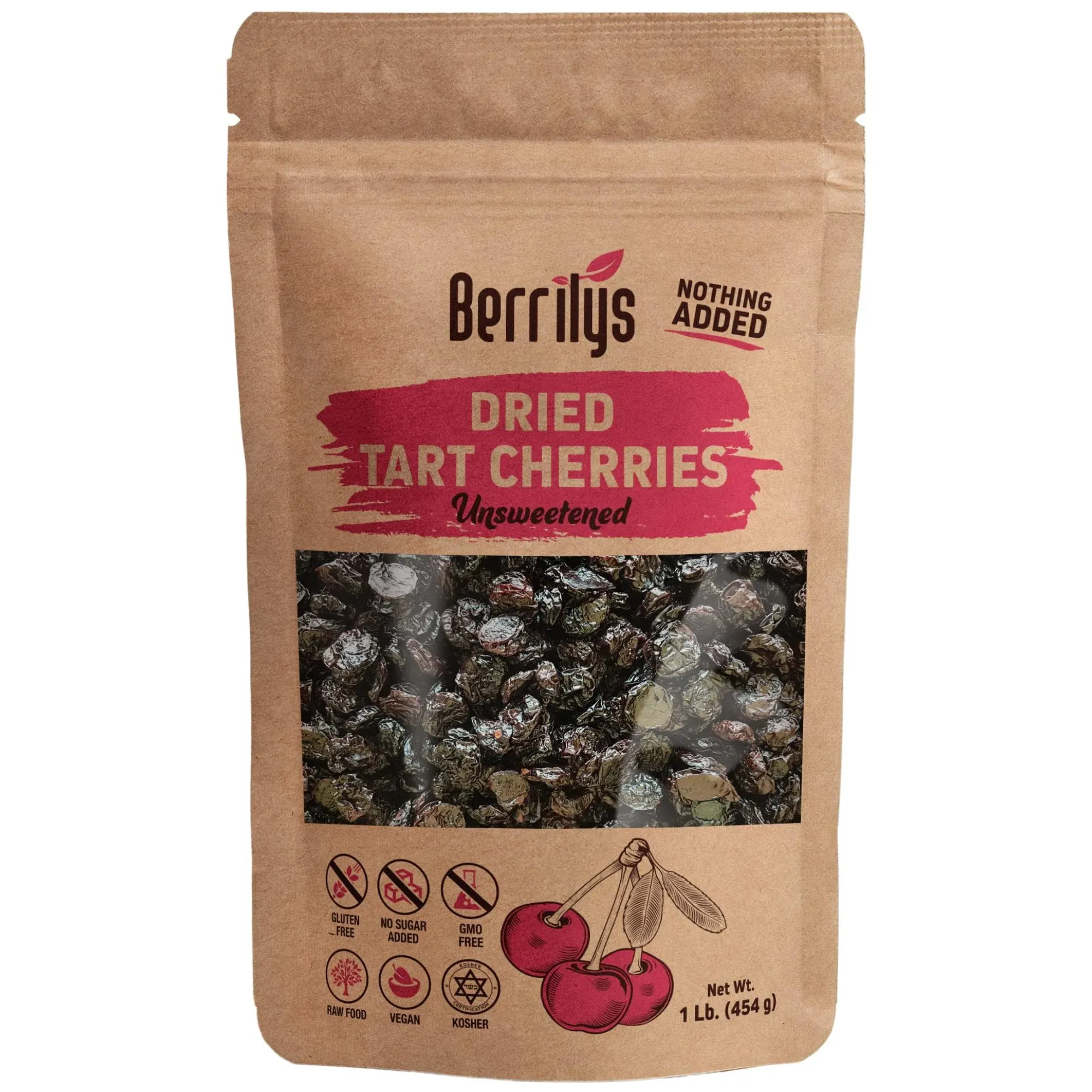 Berrilys Dried Tart Cherries, Unsweetened, 16 oz, Pitted, Non-GMO, Kosher, Unsulfured, Vegan, Sour, No Added Sugar