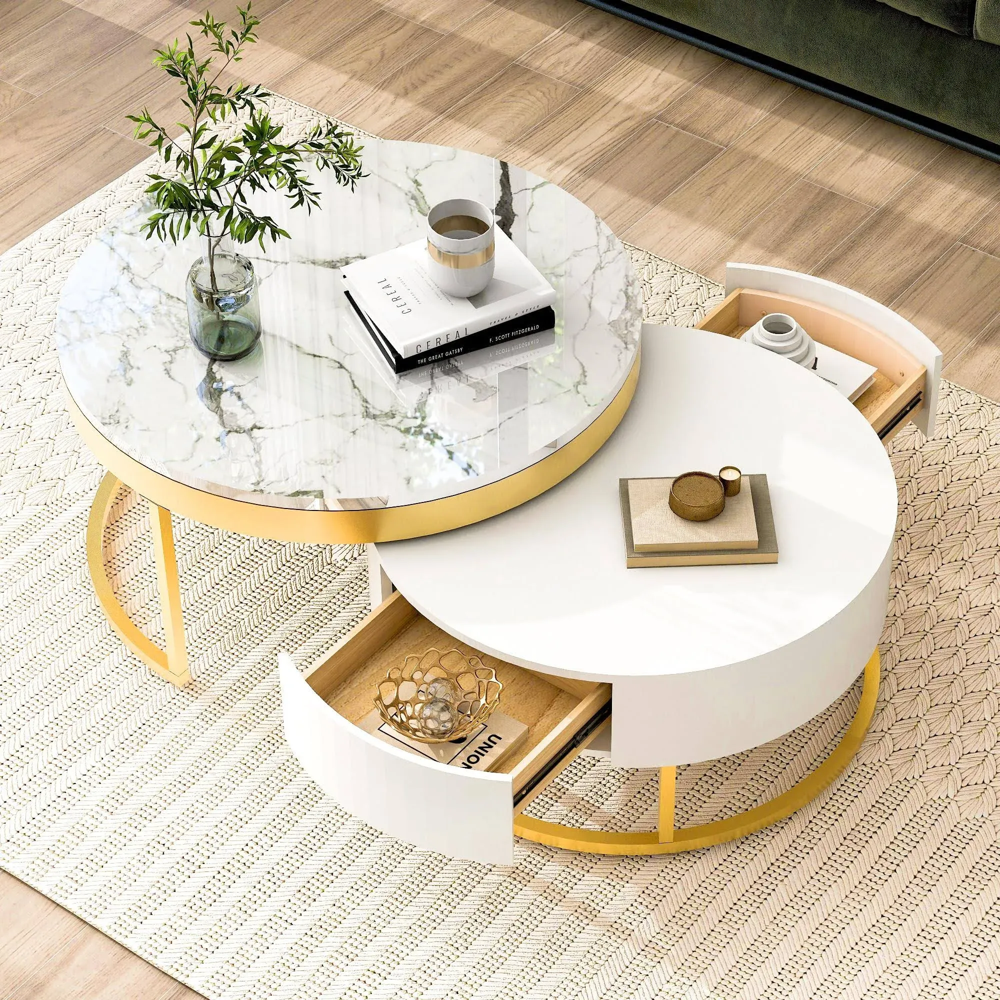 Modern Round Nesting Coffee Table with Drawers in White, Circle Coffee Tables for Living Room