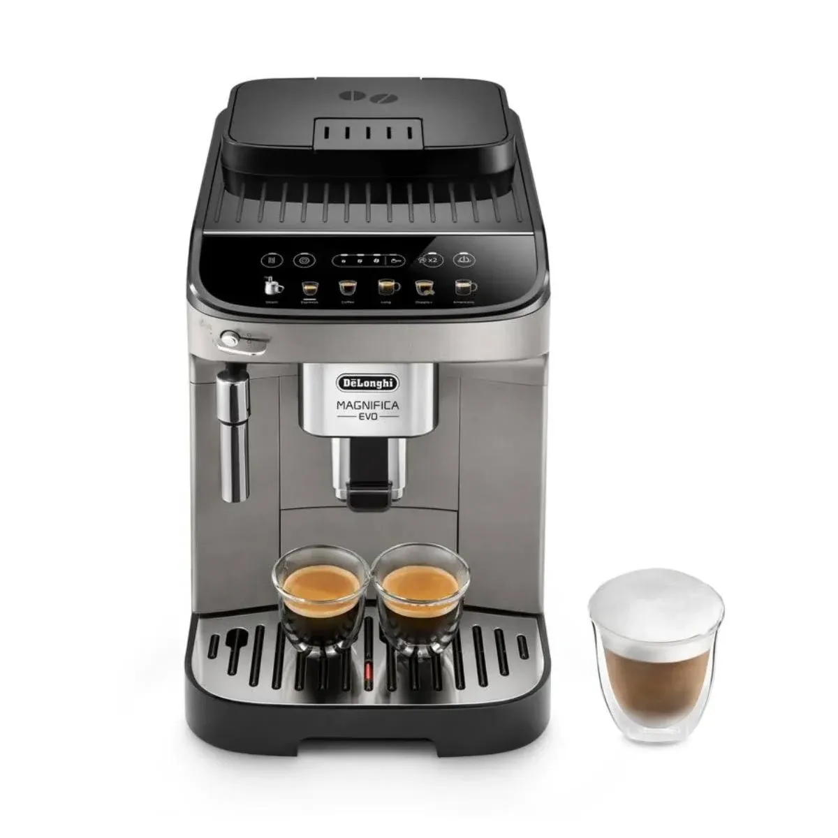 De'Longhi Magnifica Evo, Fully Automatic Machine Bean to Cup Espresso Cappuccino and Iced Coffee Maker, Colored Touch Display, Black, Silver