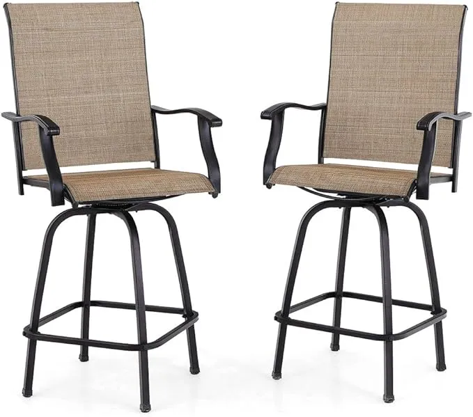 PHI VILLA Swivel Outdoor Bar Stools, Bar Height Patio Chairs, 30 Inch Barstools Set of 2 with High Back and Armrest,Brown, All-Weather Tall Patio Furniture for Deck Lawn Garden