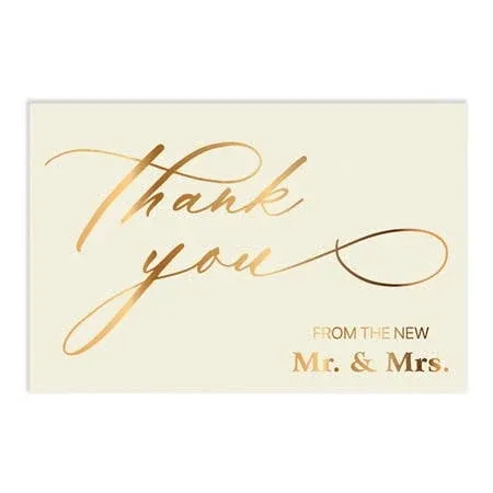 Better Office Products 50 Pack Wedding Thank You Cards in Metallic Gold with Envelopes, Thank You From The New Mr and Mrs, 4 x 6 Inch, Blank Cards, 50 Count Boxed Set