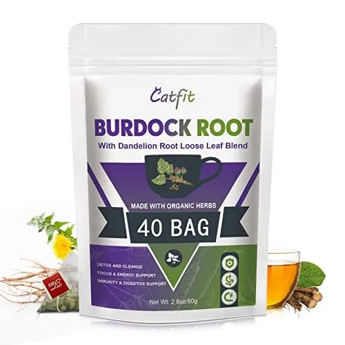 Organic Burdock Root Herbal Tea with Dandelion Root Loose Leaf Blend for Detox, Digestion & Improving Liver Health, Non-GMO, Caffeine Free, 40 Tea Bags