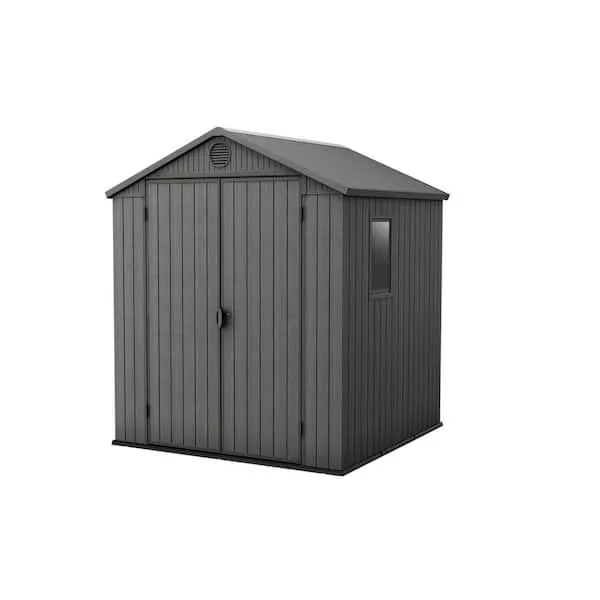 Keter Darwin 6 x 6 Foot Spacious Heavy Duty Outdoor Storage Shed for Organizing Garden Accessories and Tools with Double Doors and High Ceiling, Gray