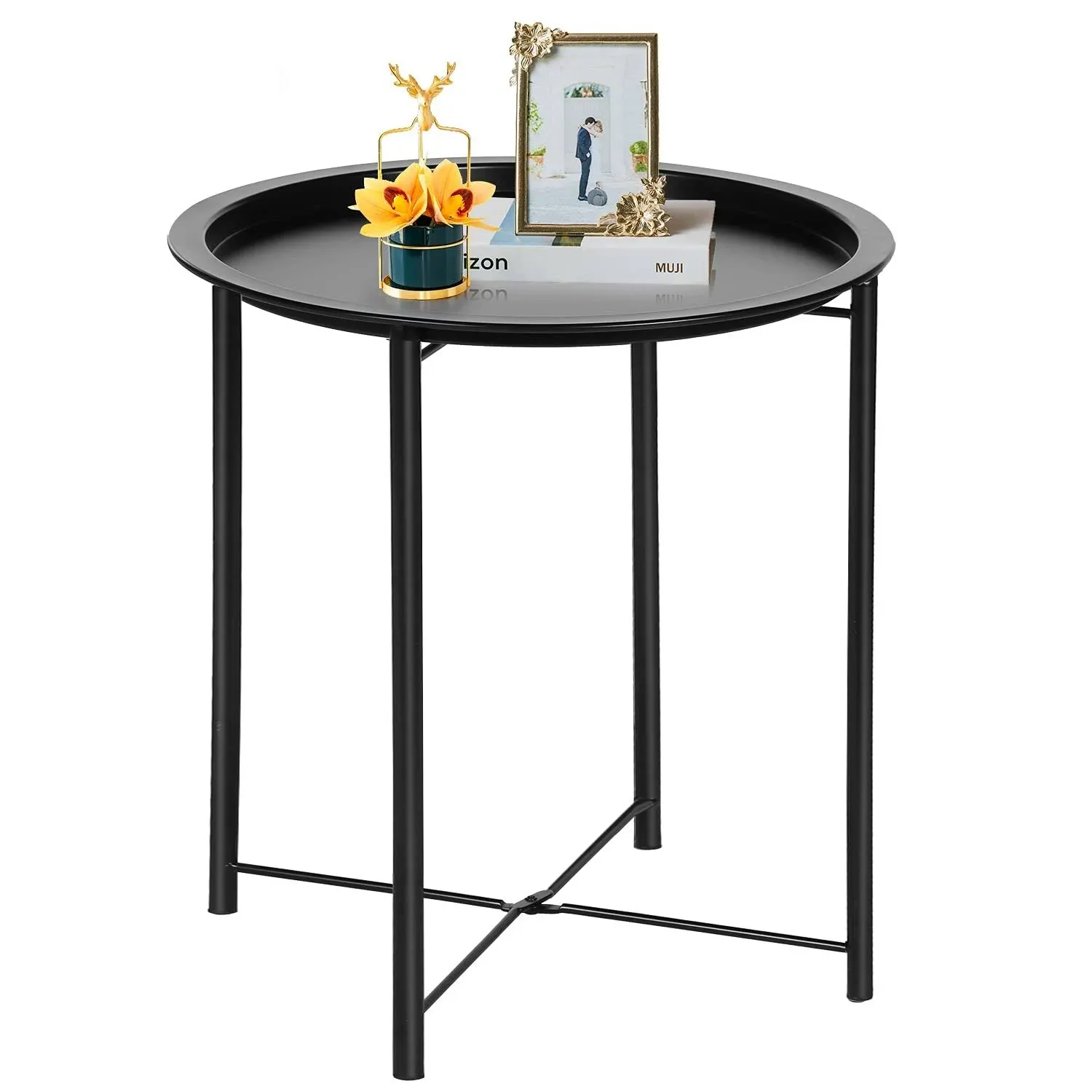 VECELO Side/End Table, Folding Round Metal Anti-rust and Waterproof Outdoor or ...