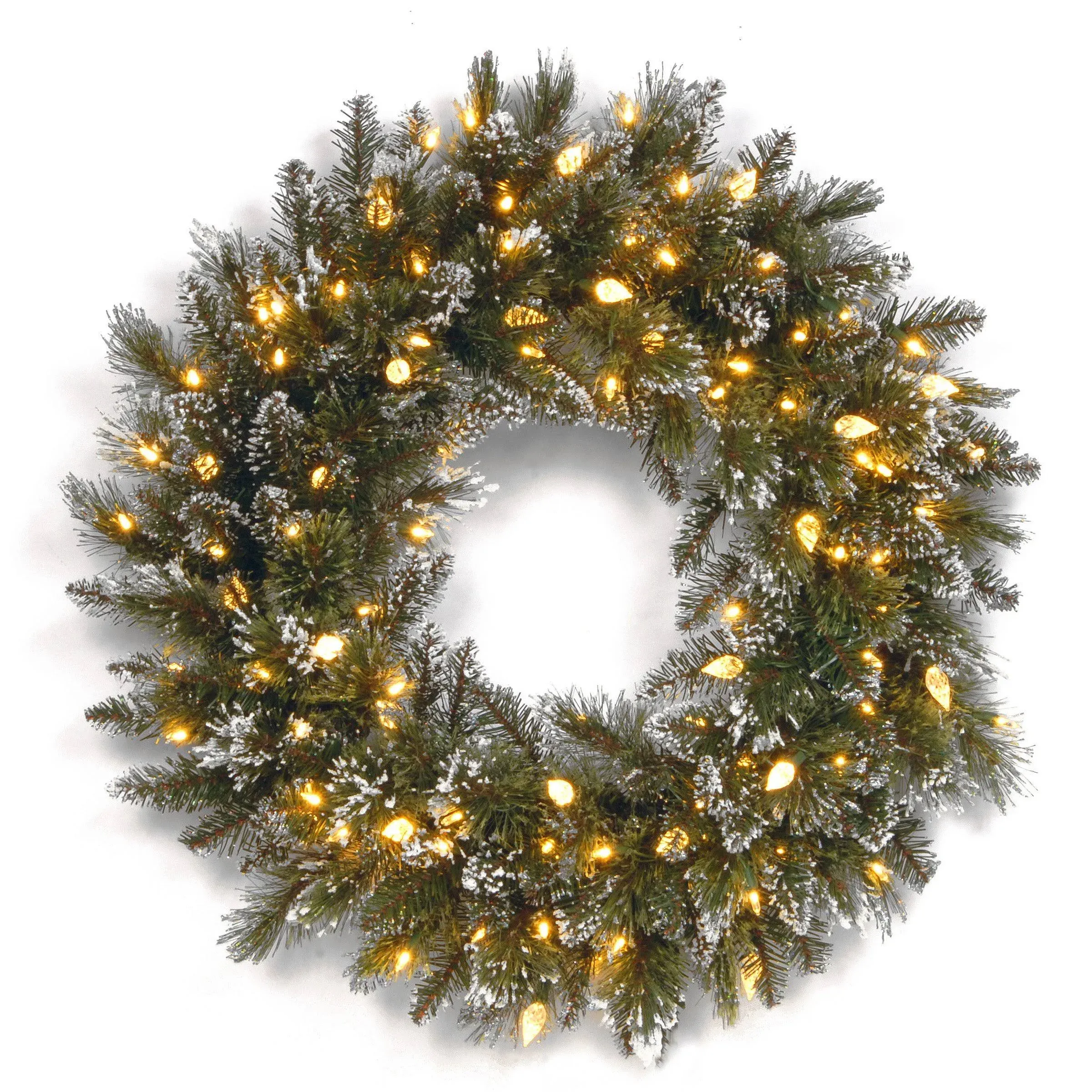 24" Glittery Bristle Pine Wreath with Warm White LED Lights