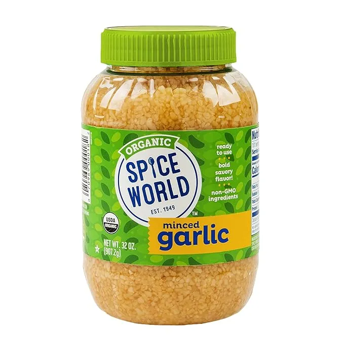 Spice World Organic Minced Garlic – Bulk 32oz Garlic Container, USDA Certified Organic Garlic with Non-GMO Ingredients – Ready-to-Use Seasonings for Cooking, Reduce Prep Work and Easily Add Flavor