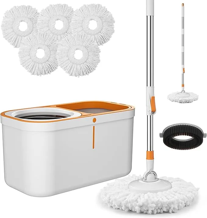 Spin Mop Bucket with Wringer System Extended Mop Handle 61＂Mop and Bucket for Floors Cleaning with 5 Replacement Head Refill 1 Cleaning Brush Head