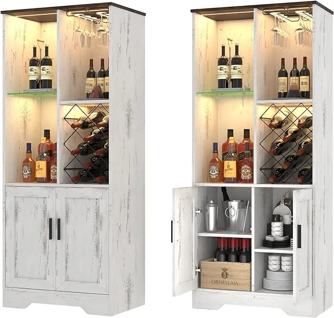 LVSOMT Wine Bar Cabinet with Wine Rack, Bar Display Cupboard with LED Lights ...