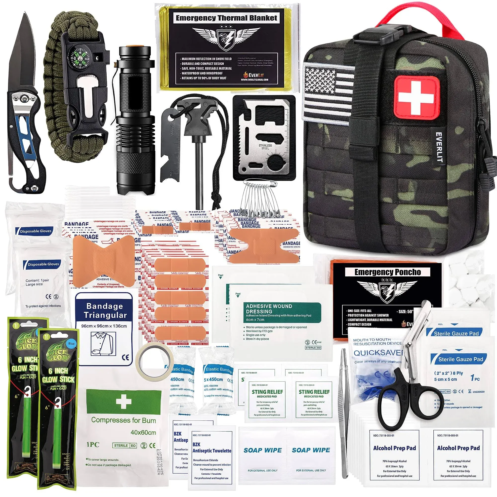 EVERLIT 250 Pieces Survival First Aid Kit IFAK EMT Molle Pouch Survival Kit Outdoor Gear Emergency Kits Trauma Bag for Camping Boat Hunting Hiking Home Car Earthquake and Adventures