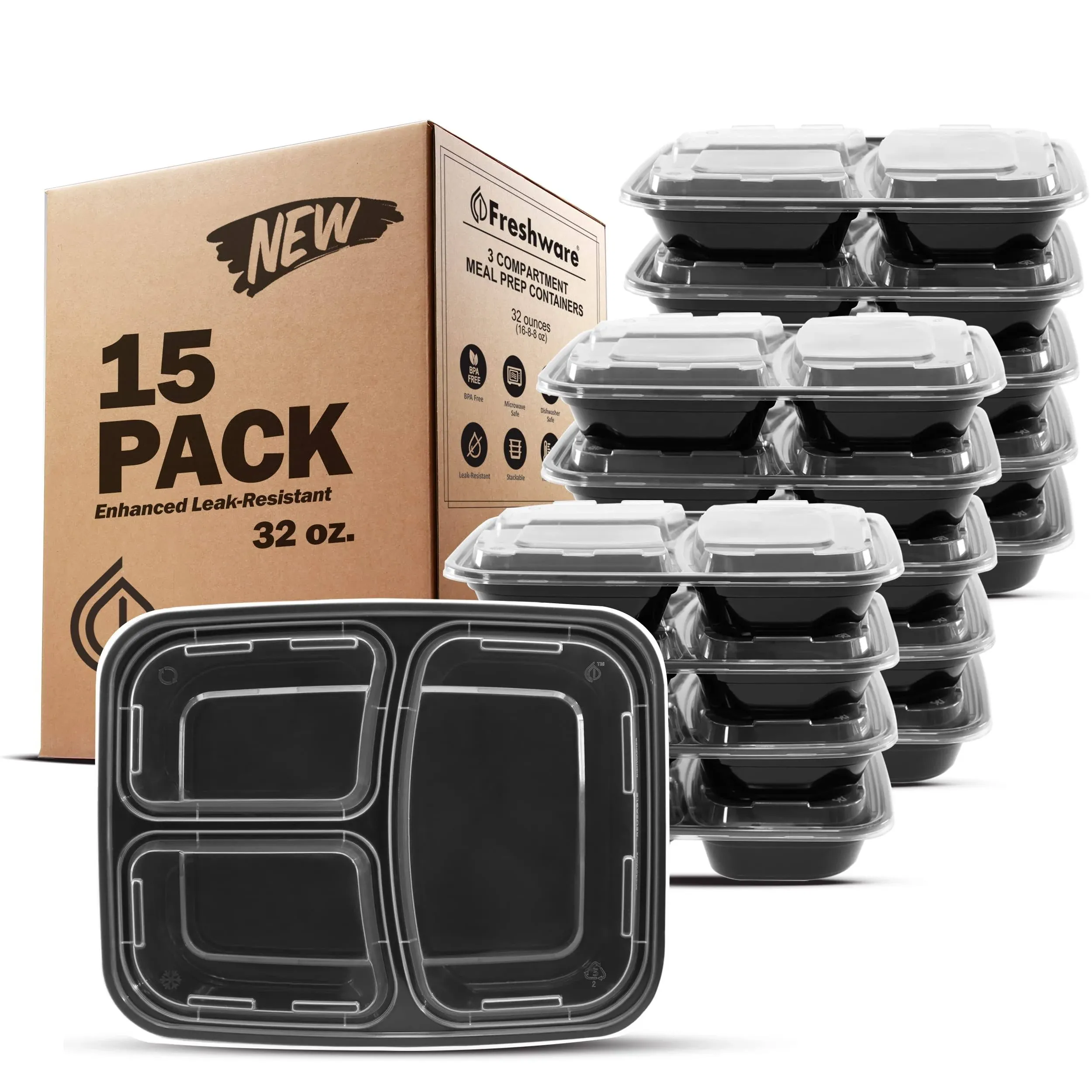 Freshware Meal Prep Containers [50 Pack] 3 Compartment Food Storage Containers with Lids, Bento Box, BPA Free, Stackable, Microwave/Dishwasher