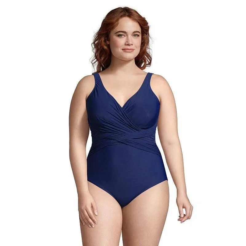 Lands' End Women's Plus Size SlenderSuit Tummy Control Chlorine Resistant Wrap One Piece Swimsuit - 18W - Black