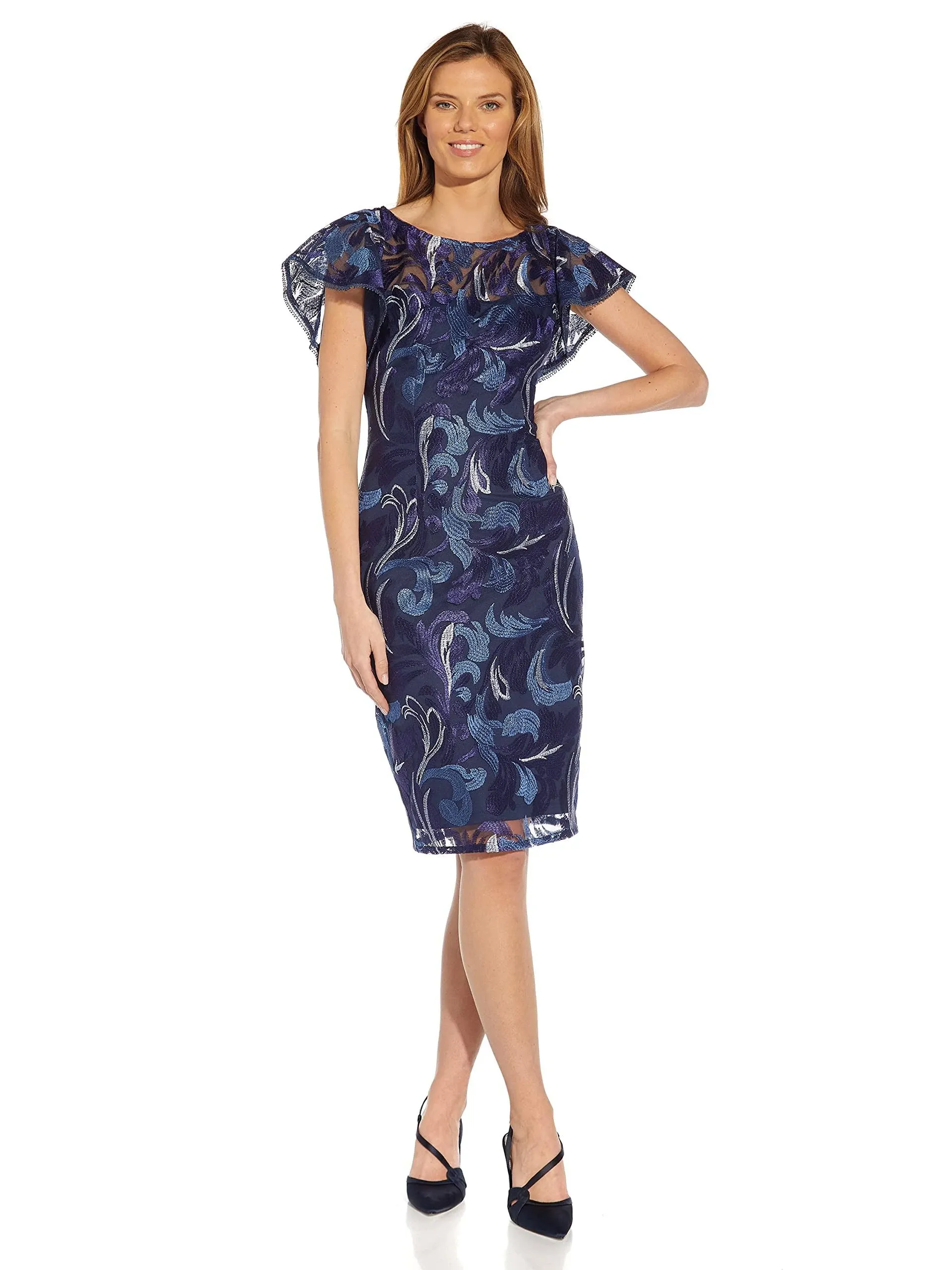 Adrianna Papell EMBROIDERED FLUTTER SLEEVE MIDI SHEATH DRESS IN NAVY MULTI