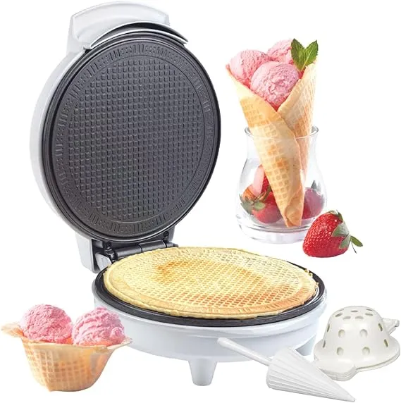 Waffle Cone and Bowl Maker for Homemade Ice Cream Cones - Includes Shaper Roller & Bowl Press - Electric Nonstick Waffler Iron Machine, Summer Pool BBQ Party Dessert Fun, Unique Birthday Gift Treat