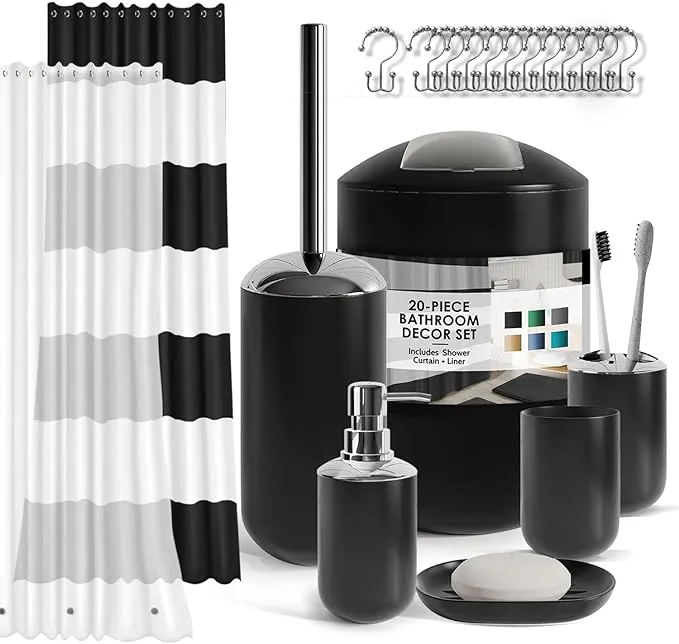 Clara Clark Bathroom Set – Bathroom Shower Curtain Sets with Liner, 20PC Bathroom Accessory Set, Bathroom Sets, Black Bathroom Accessories Set Complete with Shower Curtain Set with Liner and Hooks