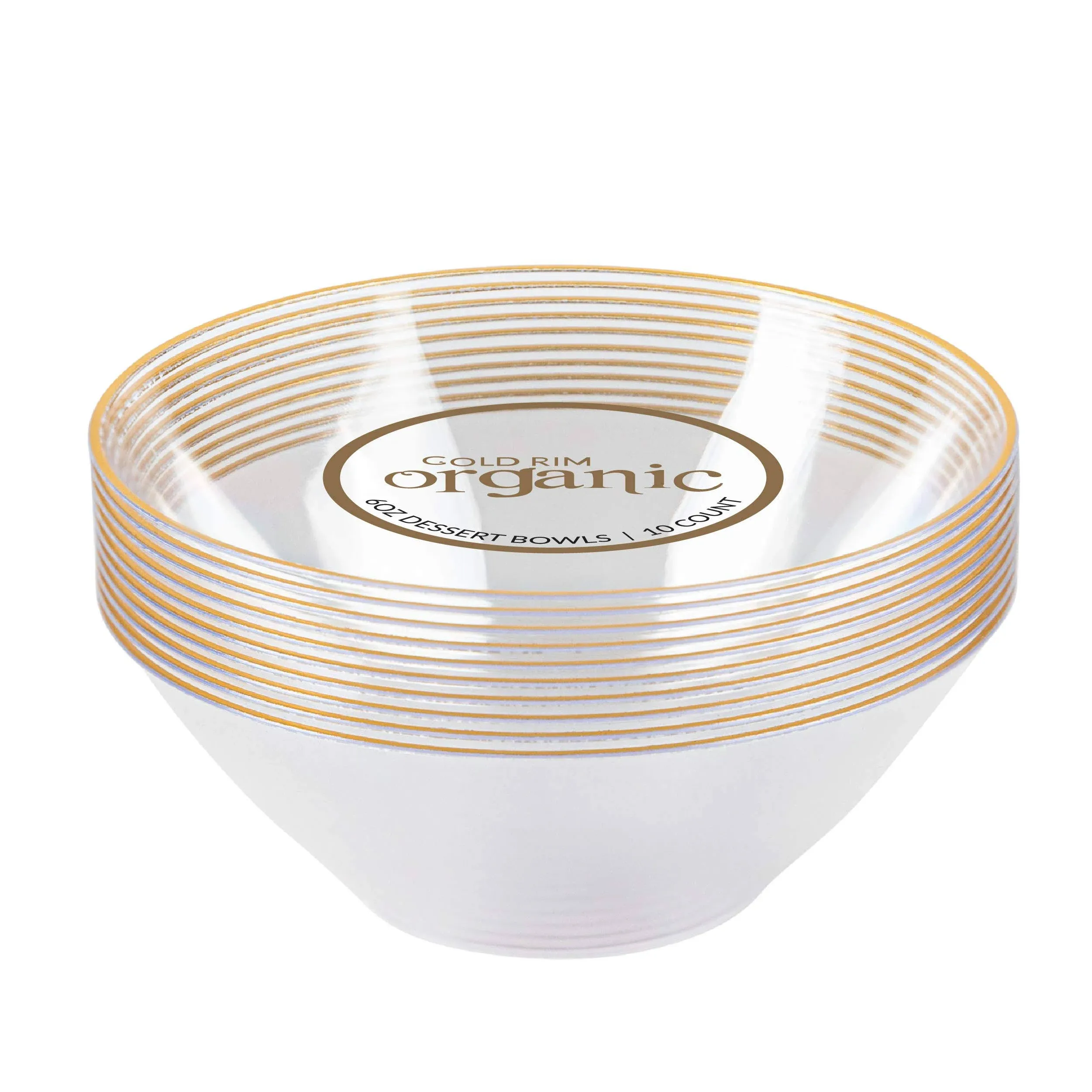 Plasticpro [6 oz 40 Count] Clear Plastic Organic Design Party Dessert Bowls with Gold Rim Premium Heavyweight Elegant Disposable Tableware Dishes