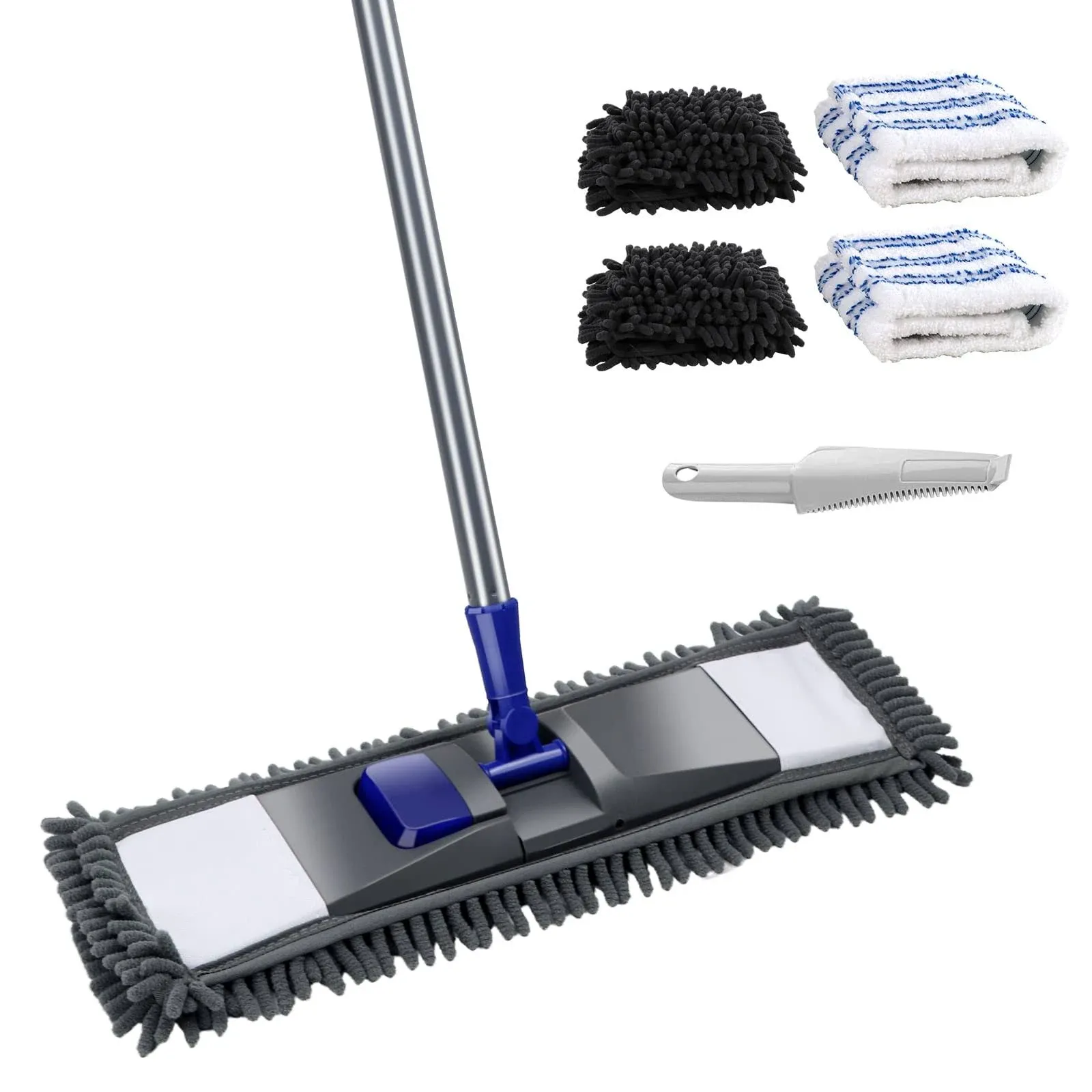 Flat Dust Mop With 4pcs Chenille And Microfiber Mop Pads Refills Adjustable Hand