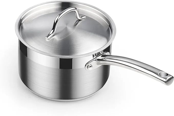 Cooks Casserole standard avec couvercle en acier inoxydable 18/10, casserole professionnelle de 2 pintes, mini casserole à lait, allant au four 500 °F, compatible avec toutes les cuisinières