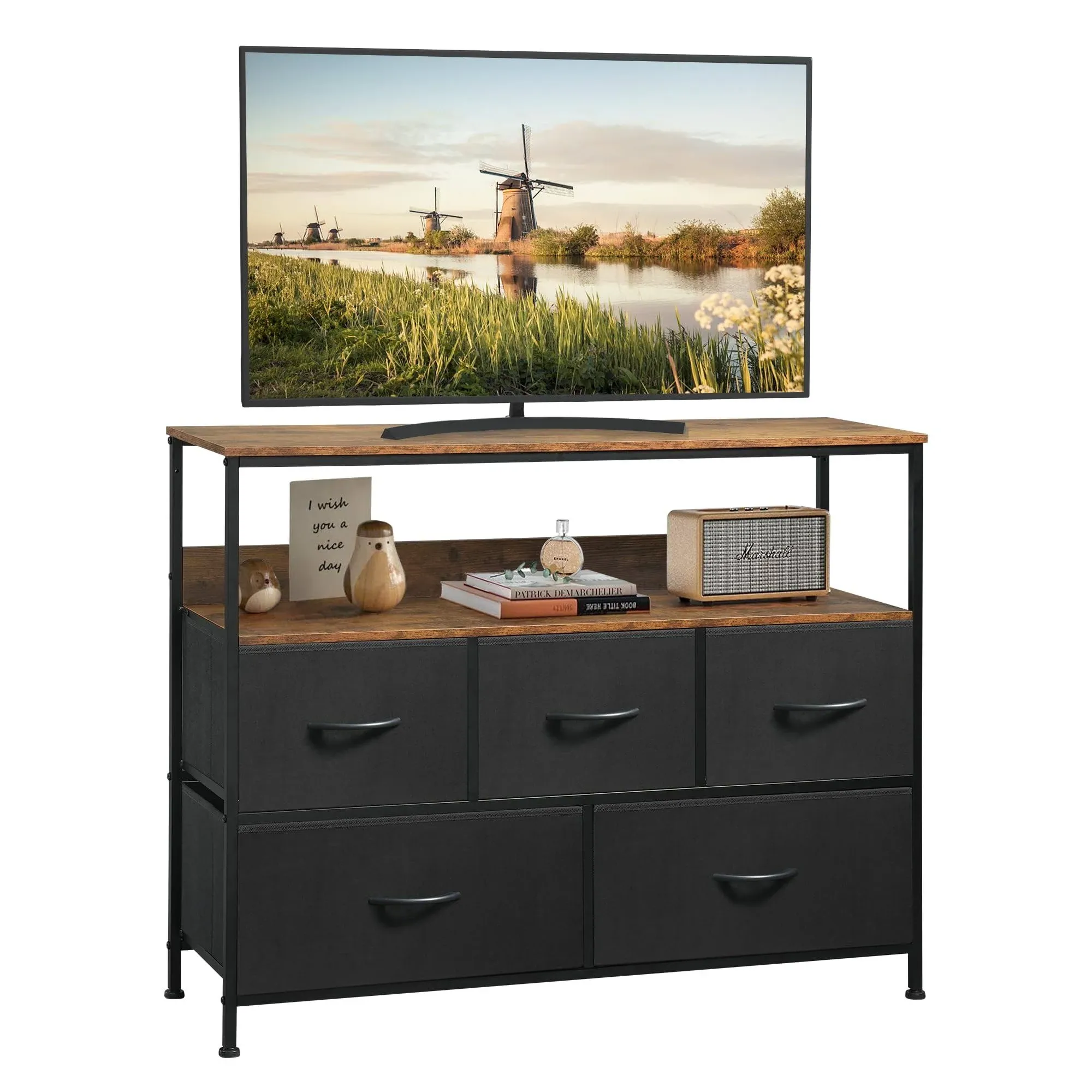 AMISEN Dresser Drawers TV Stand, Entertainment Center with Shelves, Storage ...