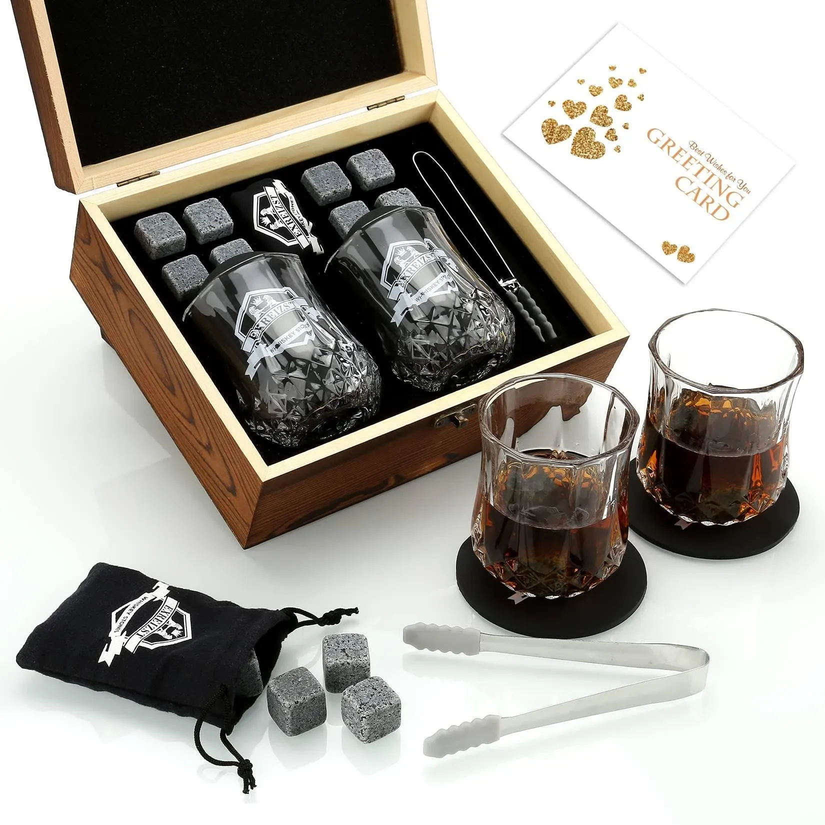 Whiskey Stones and Whiskey Glass Gift Box Set - 8 Granite Chilling Whisky Rocks + 2 Glasses in Wooden Box - Best Gift for Men Father's Day Dad's