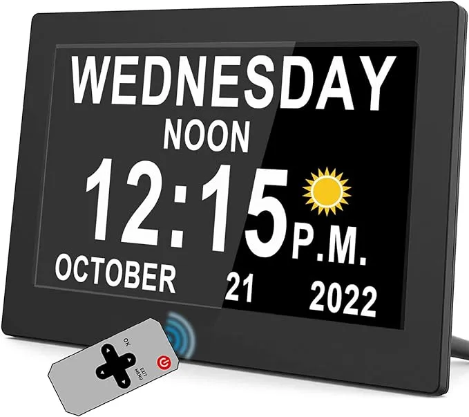 16 Alarms Dementia Clock with Remote Control, 10 Levels Auto Dimmable Calendar D