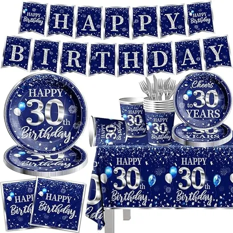 142 Pcs 30th Birthday Tableware Set Decorations Sliver and Blue 30th Happy Bi...