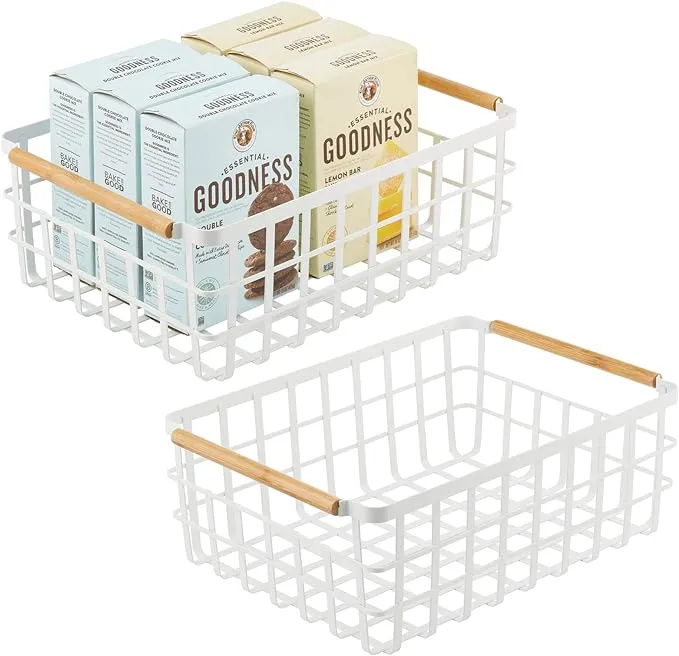 mDesign Metal Wire Organizer Basket, Bamboo Handles, 2 Pack, Matte White/Natural