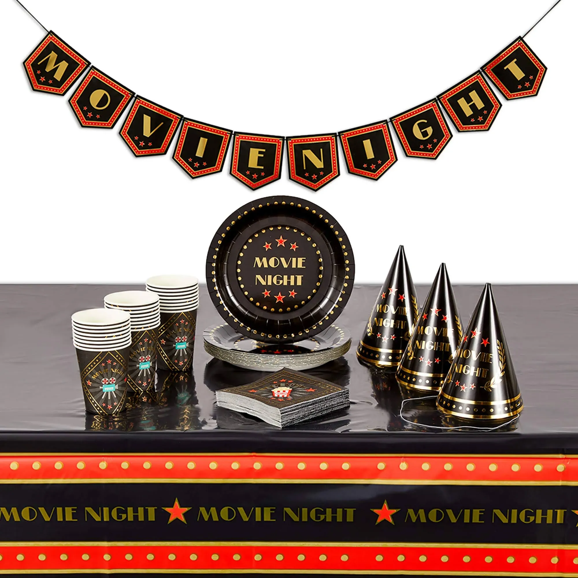 Movie Night Party Pack with Dinnerware, Hats, Banner, Tablecloths (Serves 24)