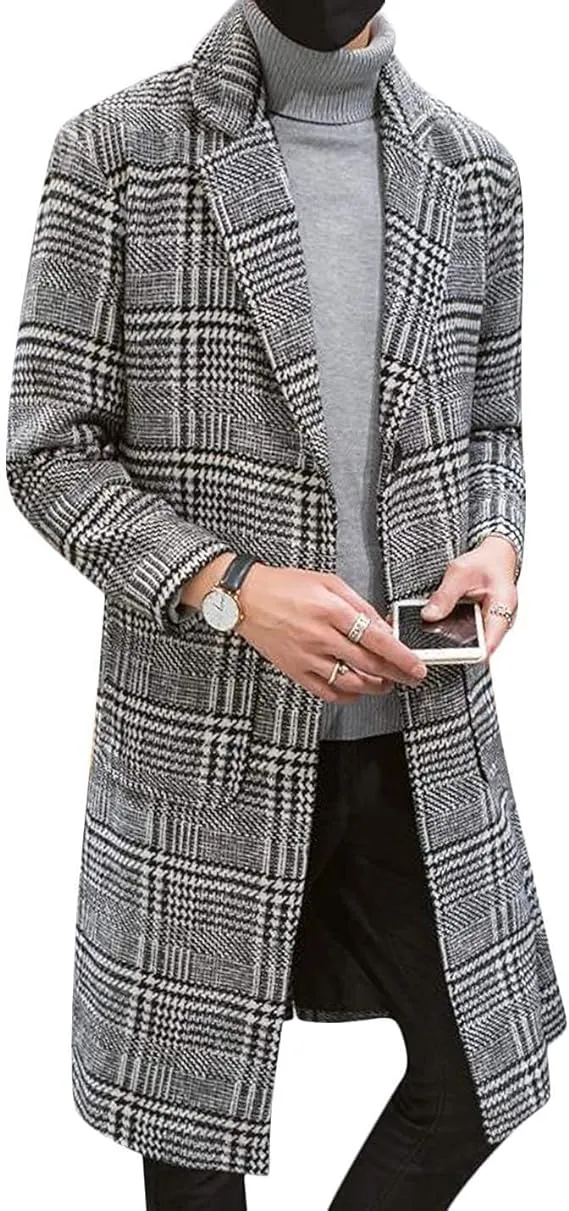 UANEO Men's Casual Notch Lapel Single Breasted Plaid Mid Long Trench Pea Coat