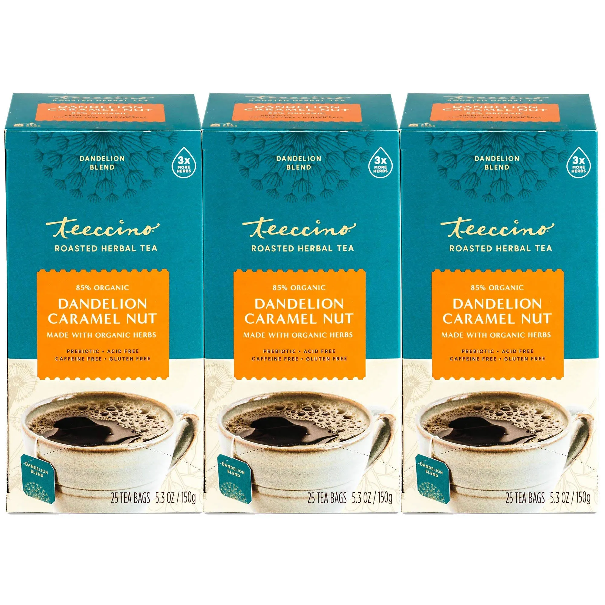 Teeccino Dandelion Tea – Caramel Nut – Rich & Roasted Herbal Tea That’s Caffeine Free & Prebiotic with Detoxifying Dandelion Root, 25 Tea Bags (Pack