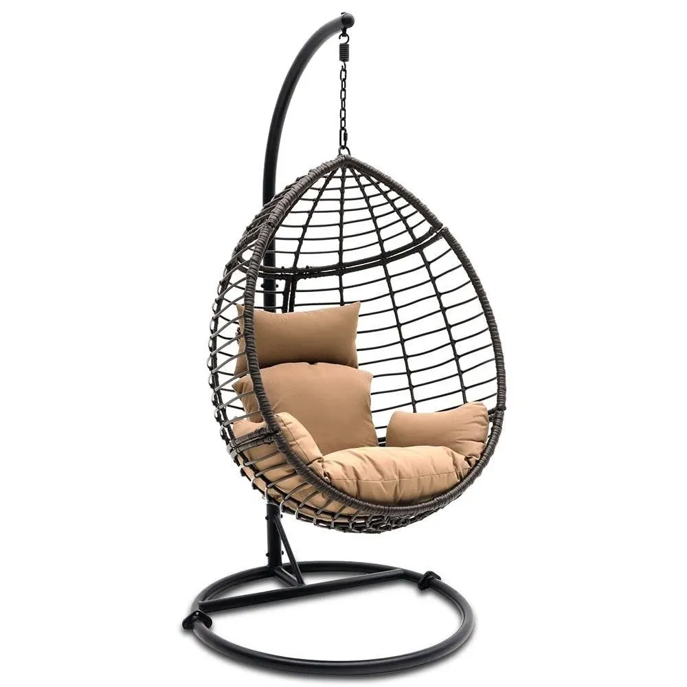 Modern Porch Swing, Unique Egg Shaped Design With Washable Cushions, Black/Brown