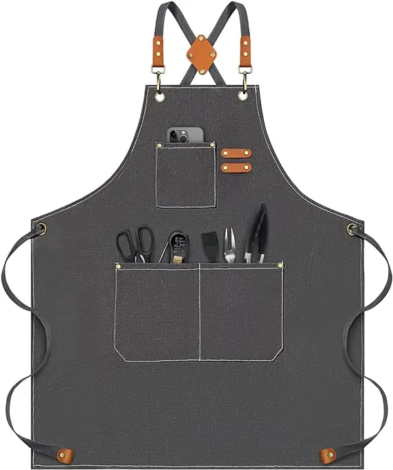 Riqiaqia Chef Apron for Women Men, Cotton Canvas Cross Back Apron with Adjustable Strap and Large Pockets (Grey)