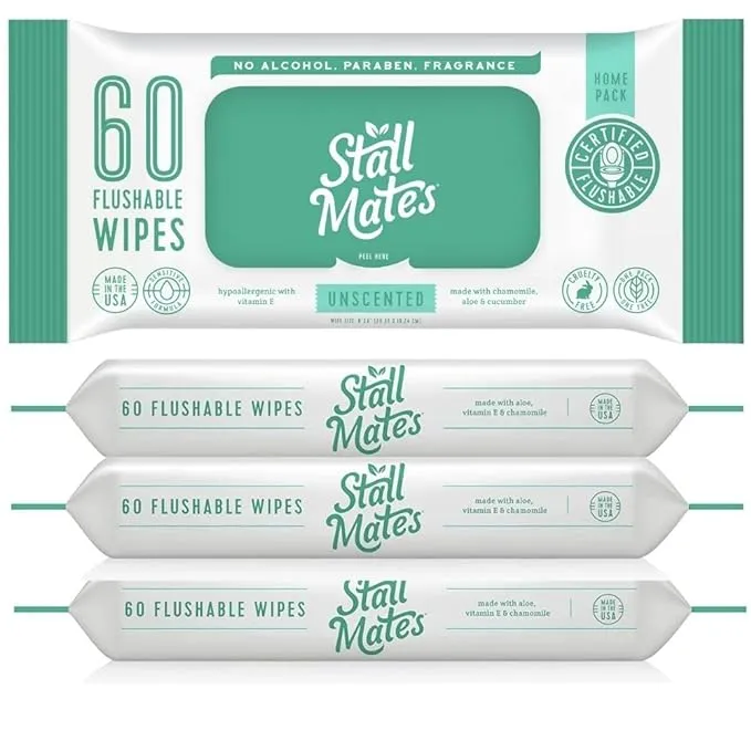 Stall Mates Wipes: Flushable Wipes | 60-Wipe Home Pack | Hypoallergenic | Unscented with Vitamin-E & Aloe | (4 Pack - 240 Wipes Total)