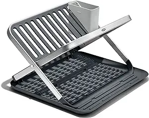 OXO Good Grips Aluminum Fold Flat Dish Drying Rack, 2-Tier, with Drainboard, for Kitchen Counter, Collapsible