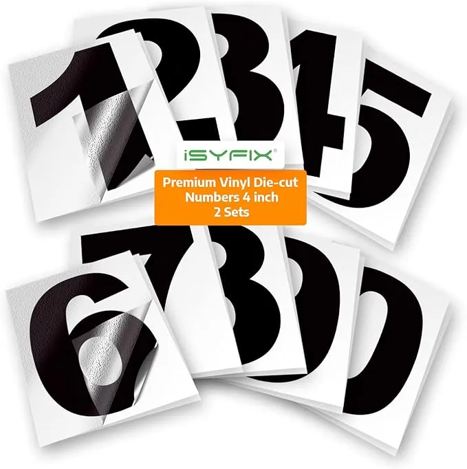 Isyfix Black Vinyl Numbers Stickers - 4 inch Self Adhesive - 2 Sets - Premium Decal Die Cut and Pre-Spaced for Mailbox, Signs, Window, Door, Cars, Tru