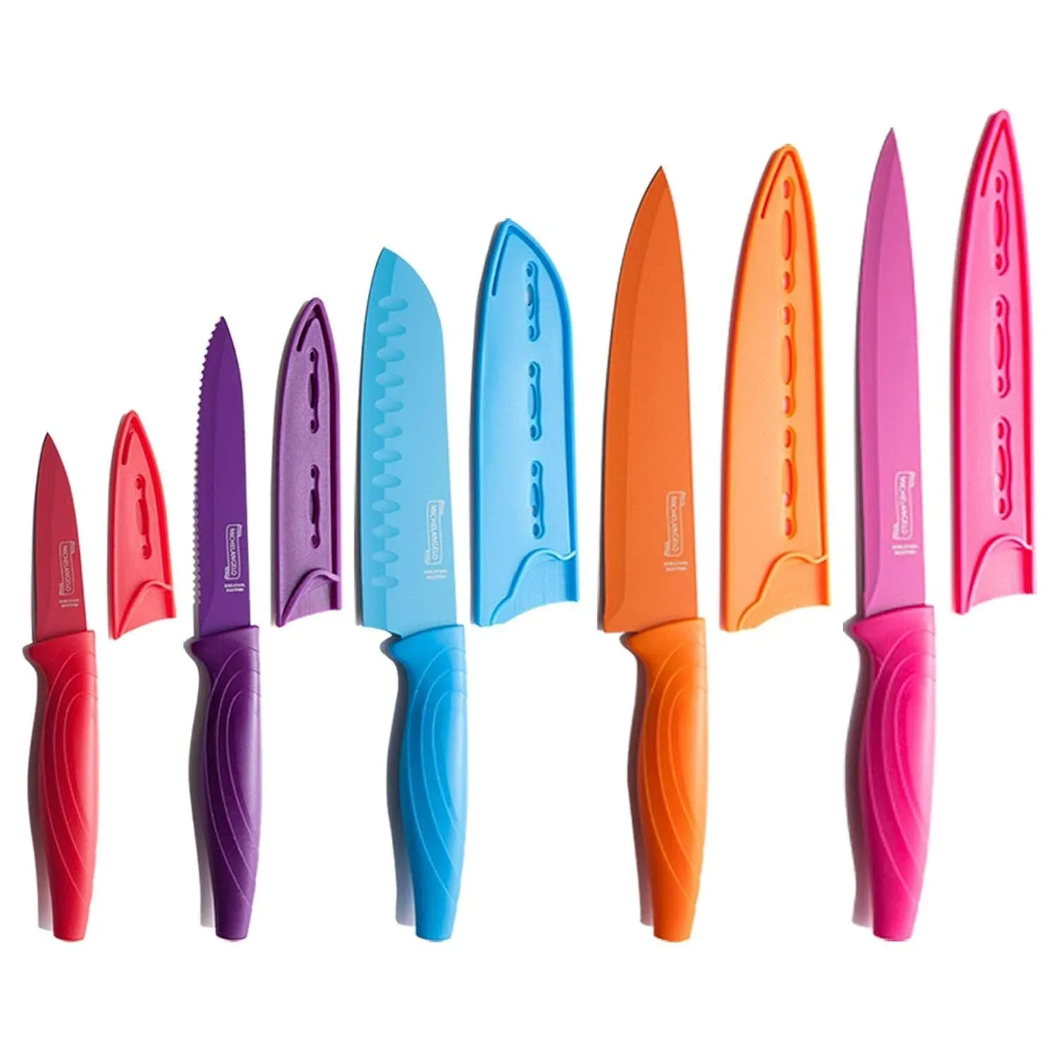 MICHELANGELO Knife Set, Sharp 10-Piece Kitchen Knife Set with Covers, Multicolor Knives, Stainless Steel Knives Set for Kitchen, 5 Rainbow Knives & 5 Sheath Covers