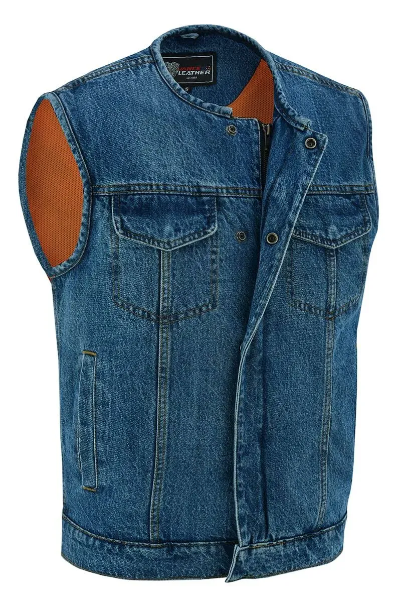 "Men's Blue Denim Collarless Club Vest with Conceal Carry Pockets"