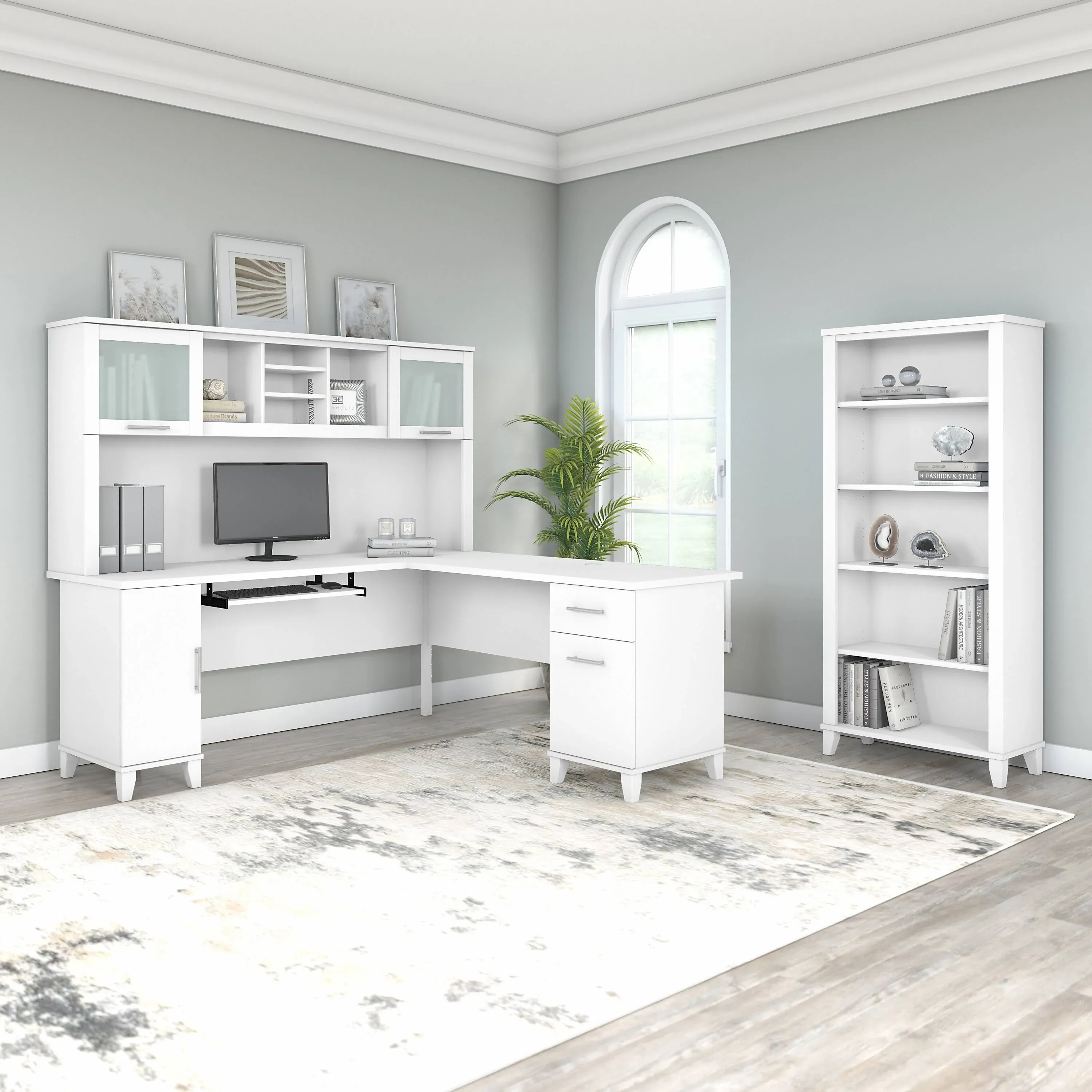 Bush Furniture Somerset 72" L-Shaped Desk with Hutch and 5-Shelf Bookcase, White (SET011WH)