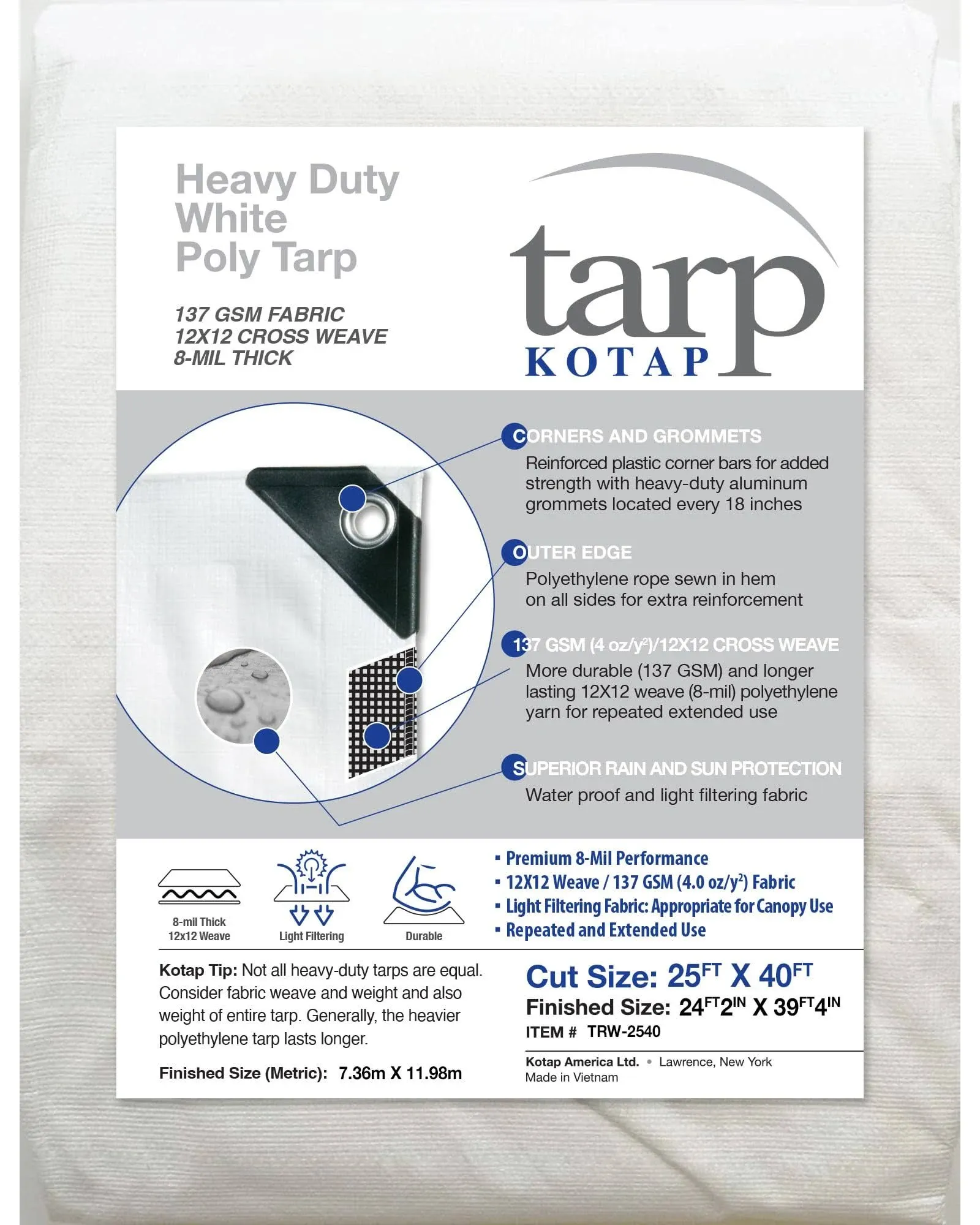 KOTAP Heavy-Duty Protection/Cov<wbr/>erage Tarp, 8-Mil, White, Cut Size 25 Ft. X 40 Ft