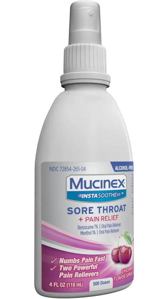 Mucinex, InstaSoothe 喉咙痛 + 疼痛缓解喷雾，樱桃，3.8 液量盎司（115 毫升）